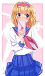  alice_margatroid alternate_costume blonde_hair blue_eyes blue_skirt blush contemporary covering_mouth cowboy_shot embarrassed hairband heart highres iwbitu-sa letter looking_away love_letter pleated_skirt school_uniform serafuku short_hair skirt solo touhou 