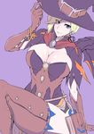  absurdres alternate_costume arm_support blonde_hair bracelet breasts cleavage gggg hat highres jewelry large_breasts legs looking_at_viewer mercy_(overwatch) overwatch purple_background sitting smile solo thighhighs thighs witch_hat witch_mercy 