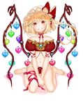  alternate_costume ankle_ribbon arm_ribbon bare_shoulders barefoot blonde_hair bow bow_panties choker collarbone commentary_request crystal flandre_scarlet forced_smile frilled_panties frills full_body gotoh510 grin hair_ribbon hat hat_bow head_tilt heart highres looking_at_viewer mob_cap navel panties pink_ribbon pointy_ears puffy_short_sleeves puffy_sleeves red_bow red_eyes red_panties ribbon ribbon_choker short_hair short_sleeves side_ponytail sitting smile solo stomach strapless thigh_ribbon touhou tubetop underwear v_arms wariza white_background wings 