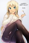  :p alessandra_susu aqua_eyes bad_id bad_pixiv_id bare_shoulders black_legwear blonde_hair character_name covering_mouth crossed_legs eating food food_on_face fork happy_birthday highres holding holding_fork licking long_hair long_sleeves looking_at_viewer off-shoulder_sweater panties panties_under_pantyhose pantyhose shirako_sei sitting solo sweater thighband_pantyhose tokyo_7th_sisters tongue tongue_out underwear white_sweater 