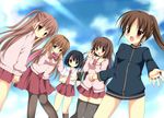  5girls bare_legs bottomless female long_sleeves multiple_girls naked_track_jacket no_panties no_pants outdoors saki school_uniform skirt sky takakamo_shizuno uniform 