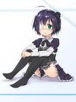  black_hair black_legwear chuunibyou_demo_koi_ga_shitai! dress eyepatch gothic_lolita green_eyes hairband lolita_fashion medical_eyepatch no_shoes one_side_up panties pantyshot pantyshot_(sitting) racchi. short_hair sitting solo takanashi_rikka thighhighs underwear 