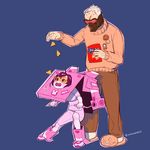  1girl acronym animal_print blue_background blush blush_stickers box brown_pants bunny_print cardboard_box cardboard_box_gundam child covered_mouth d.va_(overwatch) doritos face_mask goggles long_sleeves mask meka_(overwatch) open_mouth overwatch pants pink_shirt pink_shorts ribbed_sweater scar scar_across_eye shirt shoes short_sleeves shorts simple_background slippers soldier:_76_(overwatch) sweatdrop sweater twitter_username visor white_hair younger yoyo_(harapeko) 