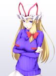  blonde_hair breast_hold breasts commentary_request gradient gradient_background hair_ribbon hat large_breasts long_hair long_sleeves mob_cap nanahi_toshi purple_eyes ribbed_sweater ribbon simple_background skirt solo sweater touhou tress_ribbon white_skirt yakumo_yukari 