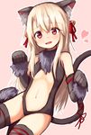  animal_ears baram bell black_gloves blonde_hair cat_ears elbow_gloves eyebrows eyebrows_visible_through_hair fake_animal_ears fate/kaleid_liner_prisma_illya fate_(series) gloves hair_bell hair_ornament hair_ribbon heart illyasviel_von_einzbern long_hair looking_at_viewer navel pink_background red_eyes red_ribbon ribbon simple_background smile solo thighhighs 