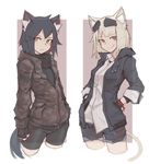  animal_ears bike_shorts black_gloves black_hair black_shirt black_shorts blonde_hair blue_jacket blue_shorts brown_scarf camouflage camouflage_hoodie camouflage_shorts cat_ears cat_girl cat_tail deel_(rkeg) denim denim_shorts dress_shirt ear_piercing eyewear_on_head fingerless_gloves frown gloves hands_in_pockets hood hoodie jacket lisa_(deel) multiple_girls open_clothes open_jacket original piercing ramn red_eyes scarf shirt short_hair shorts sleeve_cuffs smile sunglasses tail undershirt white_shirt wristband yellow_eyes 