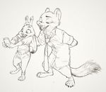 2016 absurd_res anthro black_and_white canine cellphone clothed clothing disney duo female fox hi_res holding_object judy_hopps lagomorph male mammal monochrome monoflax nick_wilde phone rabbit simple_background smile white_background zootopia 