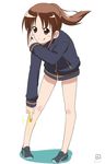  1girl bare_legs bottomless female full_body long_sleeves naked_track_jacket no_panties no_pants saki simple_background solo takakamo_shizuno white_background 