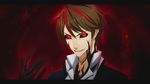  alternate_eye_color black_sclera blazblue brown_hair darkness evil_smile higuchi_konomi kagari_touya male_focus red_eyes red_hair school_uniform smile solo xblaze xblaze_code:_embryo 