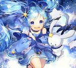  animal blue_dress blue_eyes blue_hair blue_ribbon bunny choker dress eyebrows eyebrows_visible_through_hair hair_ornament hair_ribbon hatsune_miku highres holding komadori_ui long_hair open_mouth ribbon ribbon_choker snowflake_hair_ornament star star_hair_ornament star_night_snow_(vocaloid) striped striped_ribbon twintails very_long_hair vocaloid yuki_miku yukin_(vocaloid) yukine_(vocaloid) 