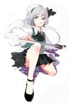  :o aloin.g ascot black_bow black_footwear black_skirt bow collared_shirt full_body green_vest highres holding holding_sword holding_weapon konpaku_youmu konpaku_youmu_(ghost) long_sleeves looking_at_viewer necktie no_legwear no_socks one_knee open_mouth perspective shadow shirt shoes short_hair sketch skirt sword touhou unsheathed v-shaped_eyebrows vest weapon white_background white_hair white_shirt wing_collar 