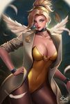  alternate_costume animal_ears blonde_hair blue_eyes breasts choker citemer cleavage coat feathered_wings high_ponytail large_breasts leotard long_hair looking_at_viewer mercy_(overwatch) overwatch pantyhose playboy_bunny_leotard solo wings wrist_cuffs yellow_leotard 