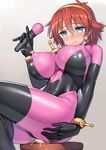  blue_eyes blush bodysuit breasts brown_hair clenched_teeth covered_nipples elbow_gloves g_gundam gloves gundam lactation lactation_through_clothes large_breasts looking_at_viewer milk mobile_trace_suit nagase_haruhito object_insertion pink_bodysuit rain_mikamura short_hair solo teeth vaginal vaginal_object_insertion 