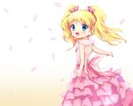  absurdres alice_cartelet blonde_hair blue_eyes cherry_blossoms dress from_behind harayui_lab highres kin-iro_mosaic looking_back open_mouth outstretched_arms petals pink_dress smile solo twintails 