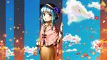  alternate_costume autumn_leaves black_hat black_vest blue_flower blue_hair bow braid capelet choker cloud cloudy_sky cowboy_shot day evening eyebrows eyebrows_visible_through_hair flower hat hat_bow hat_flower highres hinanawi_tenshi jewelry leaf long_hair long_sleeves looking_at_viewer maple_leaf open_mouth orange_sky puffy_long_sleeves puffy_sleeves red_eyes sidelocks signature sky smile solo tassel touhou vest wallpaper welt_(kinsei_koutenkyoku) yellow_bow 