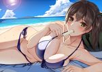  beach bikini blue_bikini blush breasts brown_hair cleavage cloud cloudy_sky collarbone day eating eyebrows eyebrows_visible_through_hair food fruit green_eyes highres ice_cream kaga_(kantai_collection) kantai_collection large_breasts looking_at_viewer lying navel on_side outdoors popsicle purple_bikini side-tie_bikini side_ponytail sky solo suika_(atelier-yuu) swimsuit water watermelon wet 