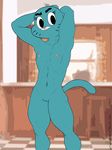  2015 abs anthro blue_fur breasts cartoon_network cerebropodrido digital_media_(artwork) feline female fur looking_at_viewer mammal muscular navel nicole_watterson nipples nude pose presenting pussy simple_background solo the_amazing_world_of_gumball 