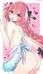  apron arched_back artist_name ass astolfo_(fate) bare_shoulders blush bow braid cowboy_shot fang fate/apocrypha fate_(series) from_behind hair_ribbon heart highres long_hair looking_at_viewer looking_back male_focus naked_apron no_panties open_mouth otoko_no_ko pink_hair purple_eyes ribbon shiny shiny_skin shisei_(kyuushoku_banchou) single_braid smile solo standing twitter_username 