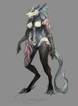  2015 blue_eyes breasts claws digital_media_(artwork) digitigrade english_text female front_view fur geodis grey_background hair hi_res multicolored_fur multicolored_hair saryn_(warframe) sergal simple_background solo standing text toe_claws video_games warframe 