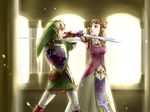  1girl angry blonde_hair blue_eyes brown_hair hat link master_sword princess_zelda short_hair sword sword_to_throat the_legend_of_zelda the_legend_of_zelda:_twilight_princess wasabi_(legemd) weapon 