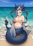  beach blue_eyes blue_sky blush breasts day drill_hair grey_hair groin highres horns izanami_(youkai_watch) large_breasts long_hair looking_at_viewer mermaid monorus monster_girl navel nipples nude ocean outdoors pointy_ears shawl sitting sky sleeves_past_wrists smile solo water wide_sleeves youkai_watch 