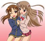  2girls atarashi_ako bare_legs bottomless female gradient gradient_background long_sleeves multiple_girls naked_track_jacket no_panties no_pants saki school_uniform skirt takakamo_shizuno uniform white_background 