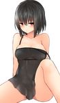  bare_arms bare_legs bare_shoulders black_dress black_hair blush breasts closed_mouth collarbone dress looking_at_viewer medium_breasts mizushina_minato original red_eyes short_dress short_hair smile solo strap_slip white_background 