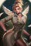  alternate_costume blonde_hair blue_eyes breasts choker citemer cleavage coat feathered_wings high_ponytail large_breasts long_hair looking_at_viewer mercy_(overwatch) overwatch pantyhose solo wings 