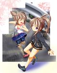  2girls bare_legs bottomless female long_sleeves multiple_girls naked_track_jacket no_panties no_pants plant saki skirt takakamo_shizuno 