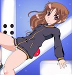  1girl bare_legs bottomless female gradient gradient_background long_sleeves naked_track_jacket no_panties no_pants pussy saki solo takakamo_shizuno 