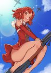  1girl airplane barefoot blue_sky breasts cloud dress feet female flying izetta looking_at_viewer medium_breasts open_mouth red_eyes red_hair short_hair shuumatsu_no_izetta sky solo sun toes 
