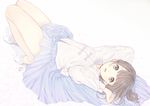  bare_legs brown_eyes brown_hair lips long_sleeves lying mosuko on_back original shirt short_hair simple_background slippers solo white_background 