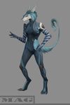  2015 anthro blue_eyes blue_hair breasts claws clothing digital_media_(artwork) digitigrade eye_markings female front_view fur geodis grey_background hair hand_on_hip hi_res looking_at_viewer mag_(warframe) markings multicolored_fur sergal simple_background skinsuit solo standing tight_clothing toe_claws video_games warframe 