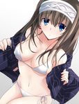  bikini black_hair blue_eyes blurry blush breasts depth_of_field gradient gradient_background hairband idolmaster idolmaster_cinderella_girls large_breasts long_hair looking_at_viewer md5_mismatch navel rikudou_inuhiko sagisawa_fumika shawl solo swimsuit white_bikini 