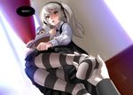  1girl blush boko_(girls_und_panzer) brown_eyes dress girls_und_panzer looking_at_viewer pantyhose pov shimada_arisu silver_hair striped striped_legwear stuffed_animal stuffed_toy tears teddy_bear twintails zymv587 