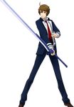  ahoge blazblue brown_eyes brown_hair full_body higuchi_konomi kagari_touya male_focus necktie school_uniform solo sword transparent_background weapon xblaze xblaze_code:_embryo 