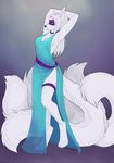  4_toes ajna anthro armpits barefoot black_nose blue_eyes breasts canine clothed clothing digitigrade female fox fur hair hand_behind_head inner_ear_fluff katida mammal simple_background smile solo standing toes white_fur white_hair wide_hips 