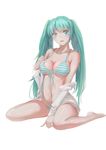  absurdres bikini breasts elfoo front-tie_top full_body green_eyes green_hair hatsune_miku highres large_breasts long_hair looking_at_viewer navel off_shoulder open_mouth simple_background sitting solo striped striped_bikini swimsuit twintails vocaloid wariza white_background 