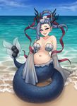  bare_shoulders beach blue_eyes blue_sky blush breasts day drill_hair grey_hair groin highres horns izanami_(youkai_watch) large_breasts long_hair looking_at_viewer mermaid monorus monster_girl navel ocean outdoors pointy_ears shawl shell shell_bikini sitting sky sleeves_past_wrists smile solo water wide_sleeves youkai_watch 