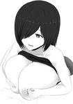  1girl breasts cleavage commentary_request greyscale hair_over_one_eye huge_breasts inverted_nipples long_hair monochrome naozuri nipples original pai-chan_(naozuri) simple_background solo star_(symbol) white_background 
