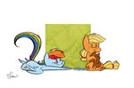  applejack_(mlp) blonde_hair cutie_mark duo equine feathered_wings feathers female fluttershythekind friendship_is_magic green_eyes hair hat mammal mile my_little_pony pegasus rainbow_dash_(mlp) simple_background smile wings 