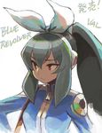  announcement_celebration black_hair blue_revolver hairband hand_on_hip headphones highres hiro1984 jacket long_hair looking_afar ponytail red_eyes simple_background sitting solo track_jacket upper_body valerie_(blue_revolver) white_background 
