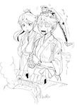  android commentary cooking fairy_(kantai_collection) food greyscale houshou_(kantai_collection) ikusotsu japanese_clothes kantai_collection kimono minigirl monochrome multiple_girls onigiri ponytail robot 