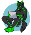  anthro canine computer diaper fur hair laptop male mammal mostly_nude rorr simple_background solo 