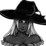  :p bare_shoulders black borrowed_character breasts cheshirecat-syndrome cleavage collarbone crescent dress greyscale hair_between_eyes hat head_tilt highres long_hair looking_at_viewer medium_breasts monochrome off-shoulder_dress off_shoulder original portrait simple_background solo star tongue tongue_out upper_body white_background witch_hat 
