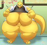  2016 alphys big_breasts blueblaster blush breasts clothing eyewear female glasses huge_breasts inflation jacket lizard navel overweight pussy reptile scalie scientist shirt slightly_chubby solo speech_bubble teeth tongue tongue_out torn_clothing undertale video_games wardrobe_malfunction 