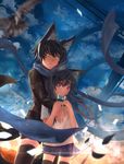  absurdres animal_ears black_hair character_name collar highres muite multiple_girls nanashi_(ganesagi) original red_eyes scarf sunset wolf_ears yellow_eyes 