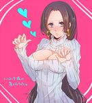  bad_id bad_pixiv_id black_hair blush boa_hancock breasts cleavage earrings heart jewelry large_breasts long_hair meme_attire nashimo_(artist) one_piece open-chest_sweater pink_background ribbed_sweater snake_earrings solo sweater translation_request turtleneck 