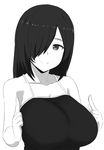  1girl bare_shoulders breasts commentary_request greyscale hair_over_one_eye huge_breasts long_hair monochrome naozuri original pai-chan_(naozuri) pointing simple_background smile solo white_background 