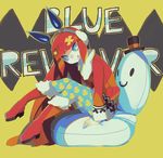  :q animal_ears bangs blue_eyes blue_legwear blue_revolver blue_sclera blunt_bangs boots bunny_ears copyright_name earmuffs fake_animal_ears full_body fur_boots fur_trim knee_boots long_hair mae_(blue_revolver) pantyhose print_legwear red_footwear red_hair santa_boots shiomachi sitting snowman_print solo tongue tongue_out yellow_background 